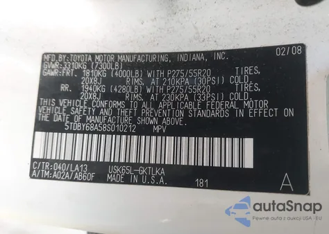 2008 Toyota Sequoia Limited 5.7L V8 из США, поврежденный, VIN 5TDBY68A58S010212